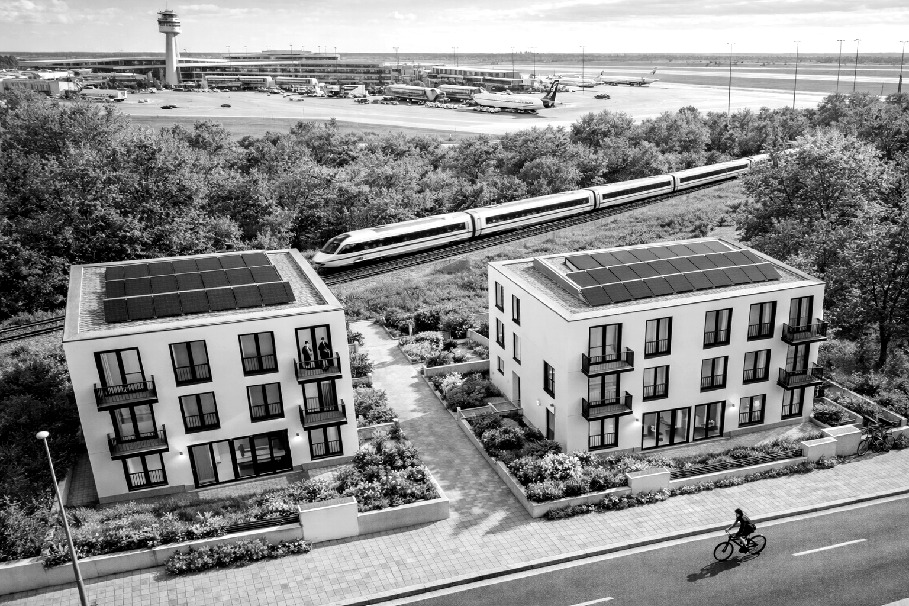 Visualisierung: Lage des Quartiers zwischen Frankfurter Flughafen und ICE-Trasse